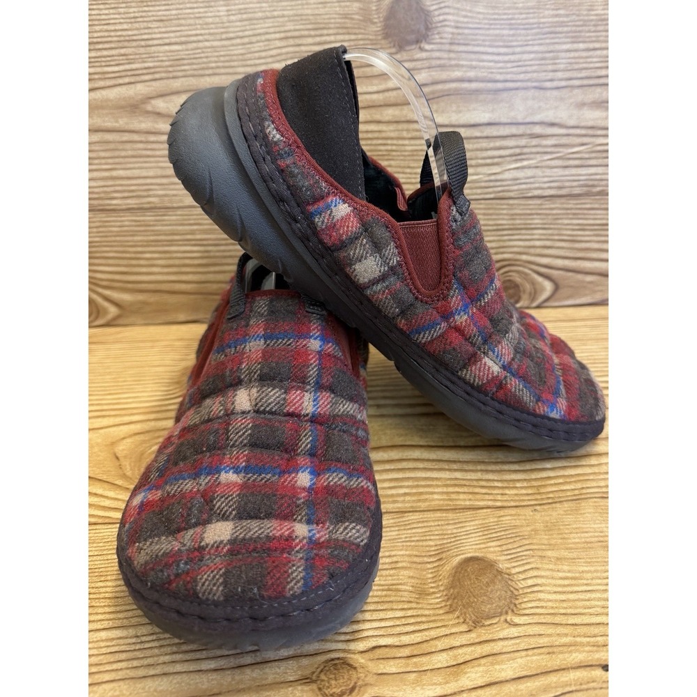 Merrell Hut Moc Loafers Quilted Womens Size 7 Slip On Supportive Red Brown Plaid